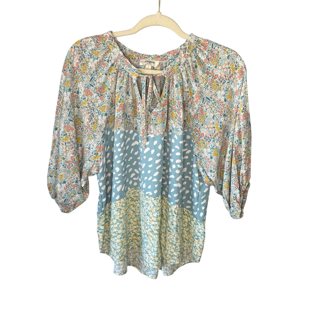 Umgee Mixed Floral Patchwork Tie Neck 3/4 Sleeve Blouse Blue Yellow Small